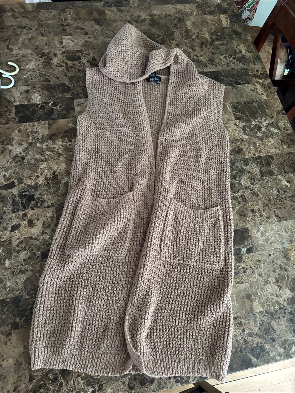 Sleeveless Hooded Knit Cardigan Vest in Taupe